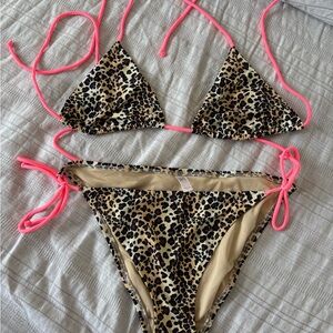 Victorias Secret Leopard Print Bikini with Pink Strings